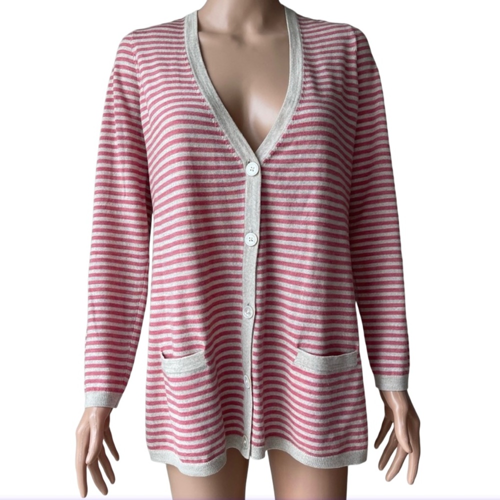 TALBOTS Button Front Cardigan Rose Pink Striped Pure Italian Merino Wool
